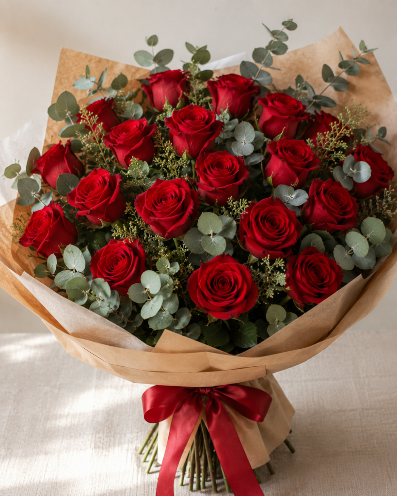 Ramos de Rosas Rojas y Eucaliptos