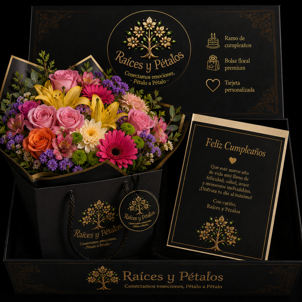 La Caja Premium de Cumpleaños con Ramo Floral, Bolsa Floral y Tarjeta Personalizada