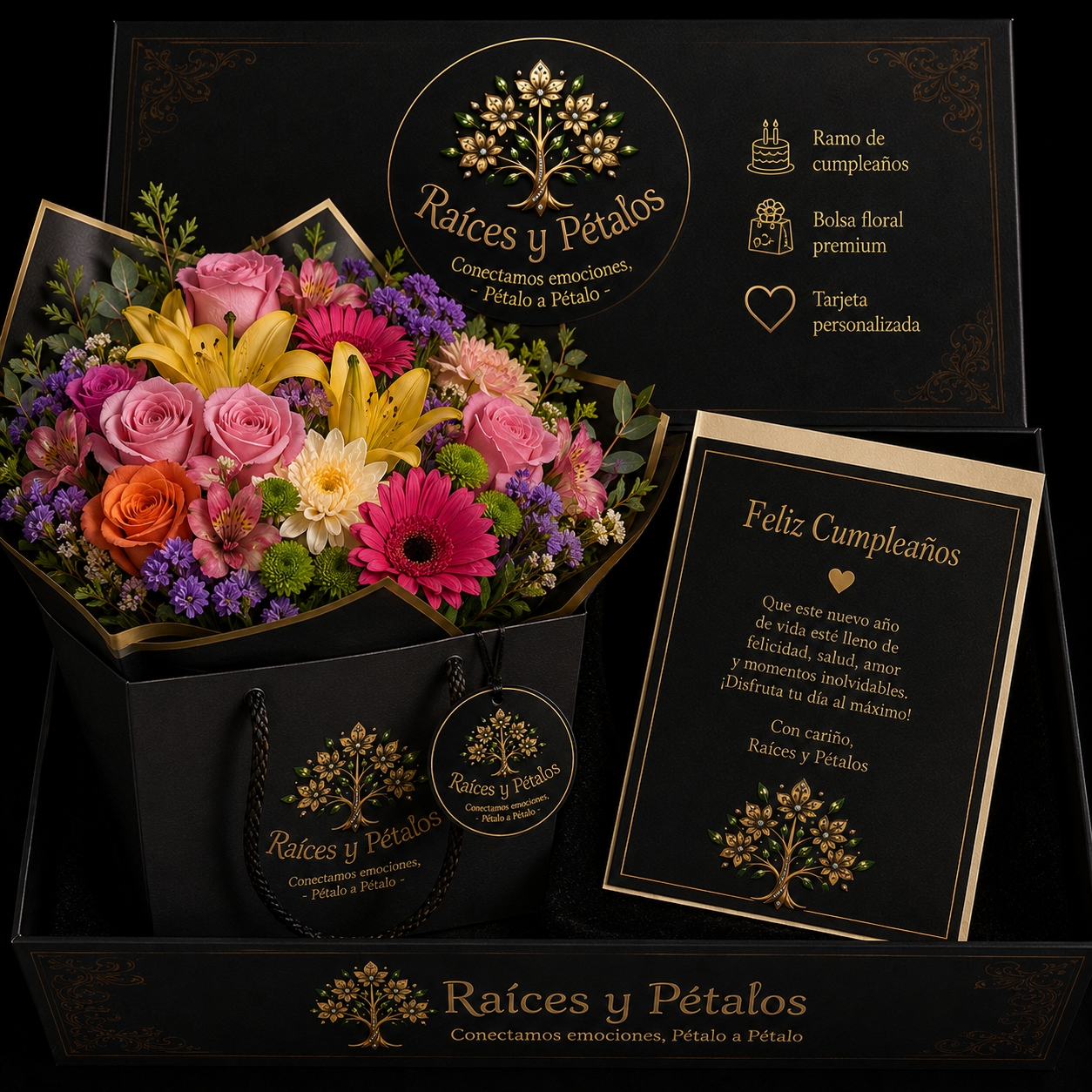 La Caja Premium de Cumpleaños con Ramo Floral, Bolsa Floral y Tarjeta Personalizada