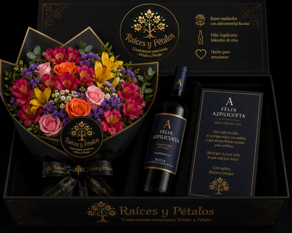 La Caja Premium Raíces y Pétalos con Ramo Multicolor y Félix Azpilicueta