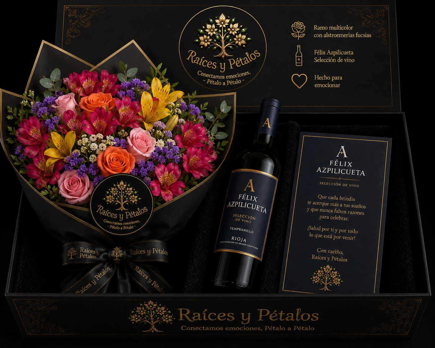 La Caja Premium Raíces y Pétalos con Ramo Multicolor y Félix Azpilicueta